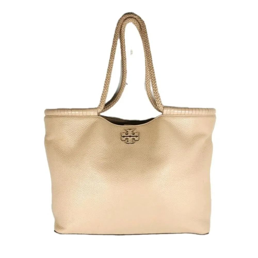 Tory Burch Taylor Beige Pebbled Leather Large Logo Tote Bag Shoulder Bag